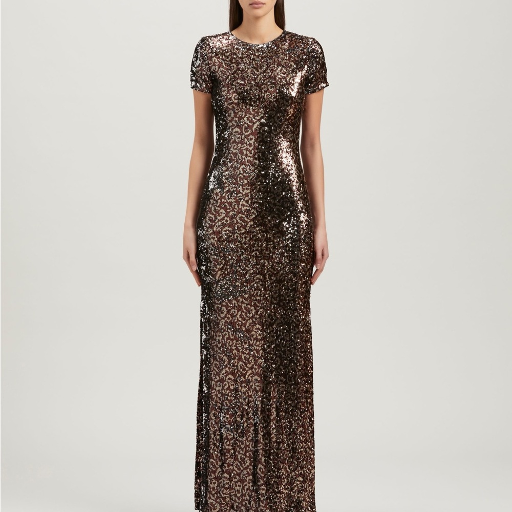 Palm Angels Leopard Print Glamorous Black, Brown and Gold Sequin Maxi Dress